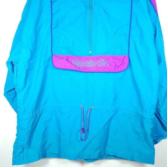 Reebok Men's VTG Medium Blue 1/4 Zip Nylon Hooded Windbreaker Pullover Jacket - Picture 3 of 9